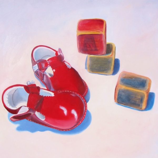 oil painting of baby shoes and baby blocks, painting for an infants room