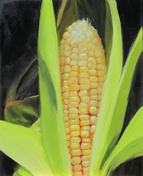 small oil painting of corn on the cob, kitchen art