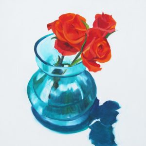 oil painting of orange roses in a green vase, mini-painting of flowers