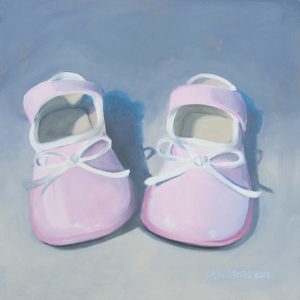 oil painting of pink baby shoes, art for infant room, art for baby room, art for baby nursery