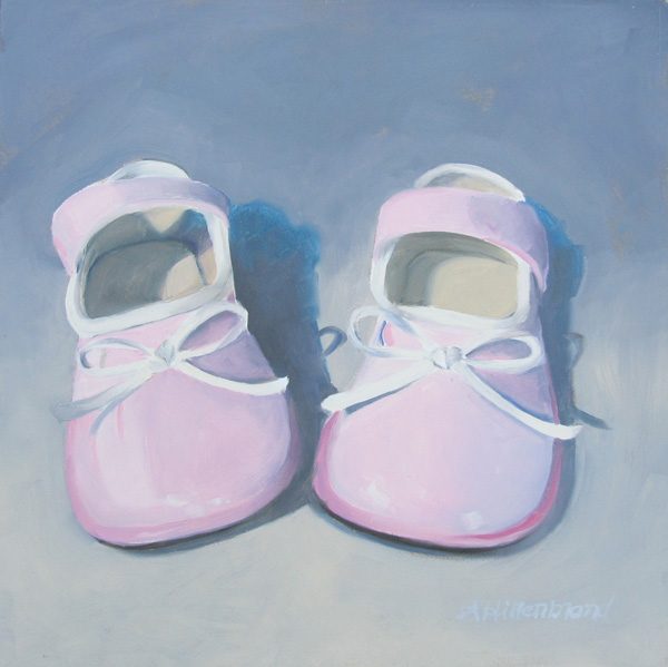 oil painting of pink baby shoes, art for infant room, art for baby room, art for baby nursery