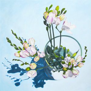 large floral painting flowers in a vase on a blue background, freesias