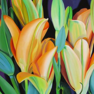 oil painting of yellow day lilies , yellow, orange, purple, green