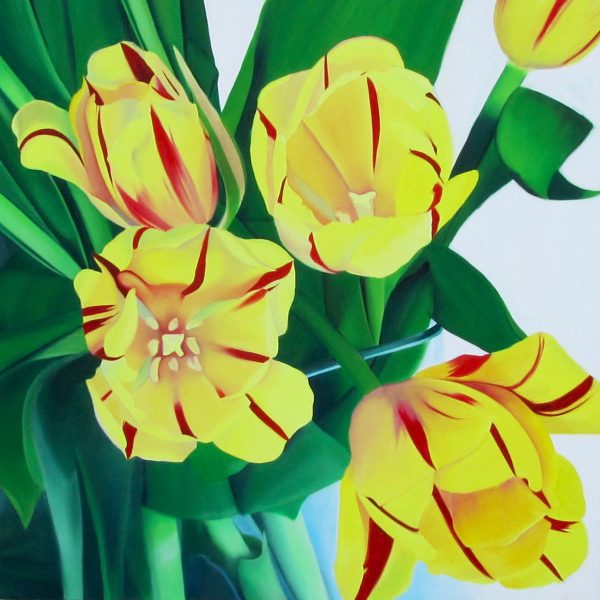oil painting of yellow tulips in a vase, yellow and green painting