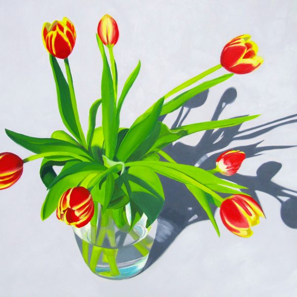 floral painting of tulip in a vase, orange, yellow, green, lavender
