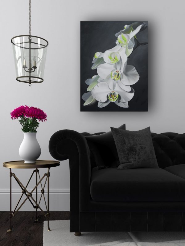 oil painting of white orchids on black background, orchid painting, flower painting, black and white background