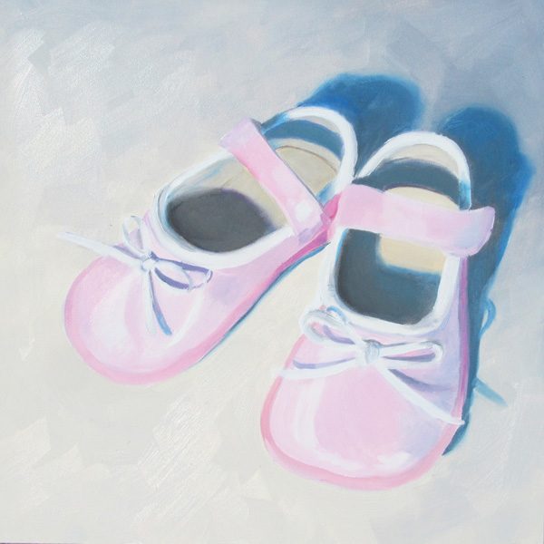 oil painting of pink baby shoes, oil painting for nursery