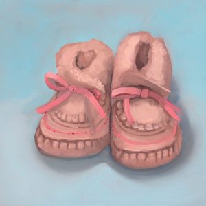 oil painting of infant moccasin, oil painting for nursery, pink blue art for nursery