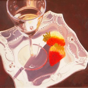 oil painting of a glass of wine and strawberries, kitchen or dining room art