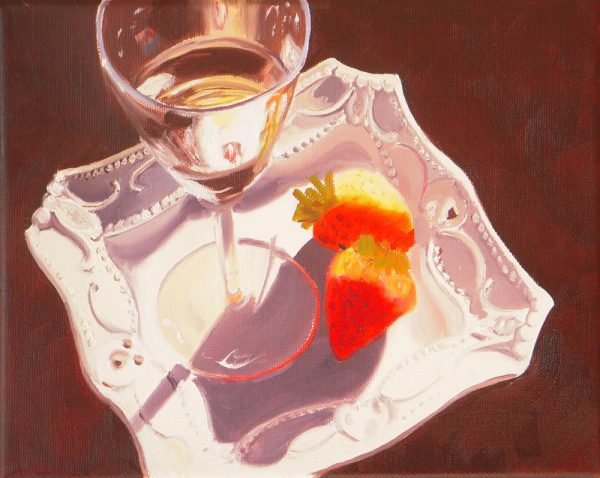 oil painting of a glass of wine and strawberries, kitchen or dining room art