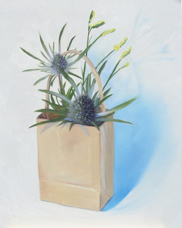 oil painting of thistles in a craft paper bag