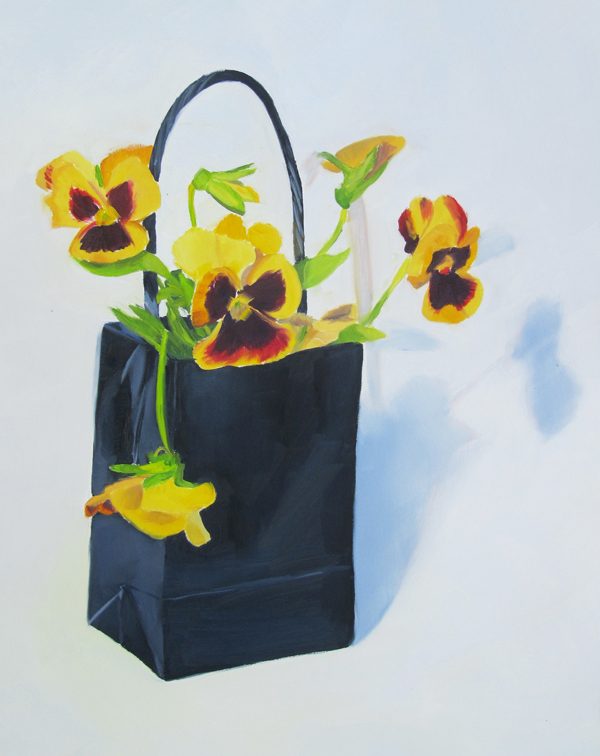 oil painting of yellow pansies in a black paper bag. flower painting of pansies