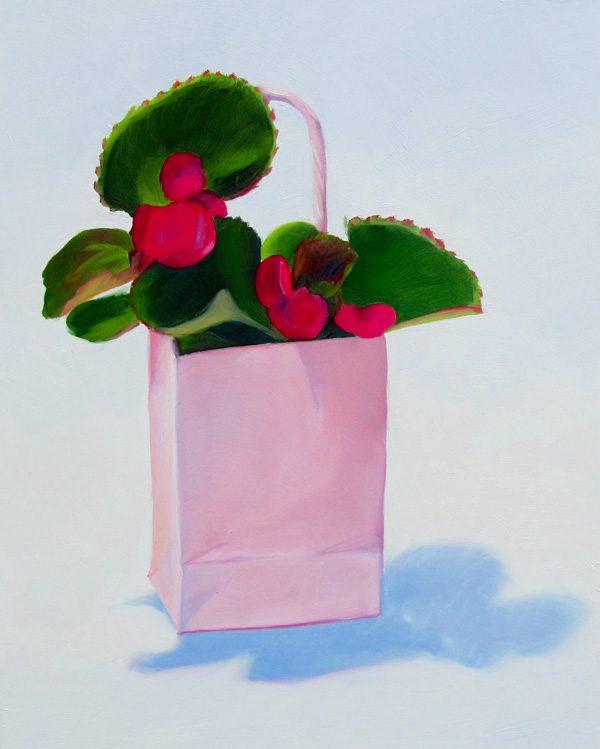 oil painting of begonias in a pink paper bag, oil painting of Begonias