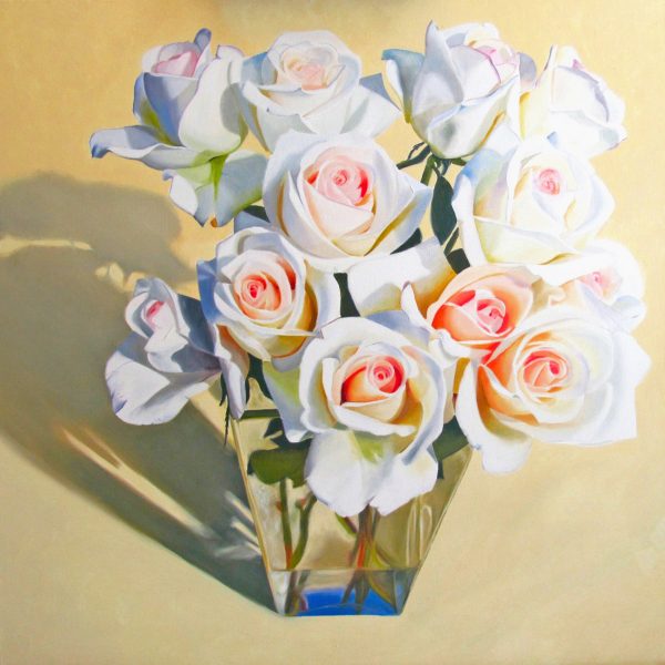 oil painting of a bouquet of white roses on a yellow background, flower painting