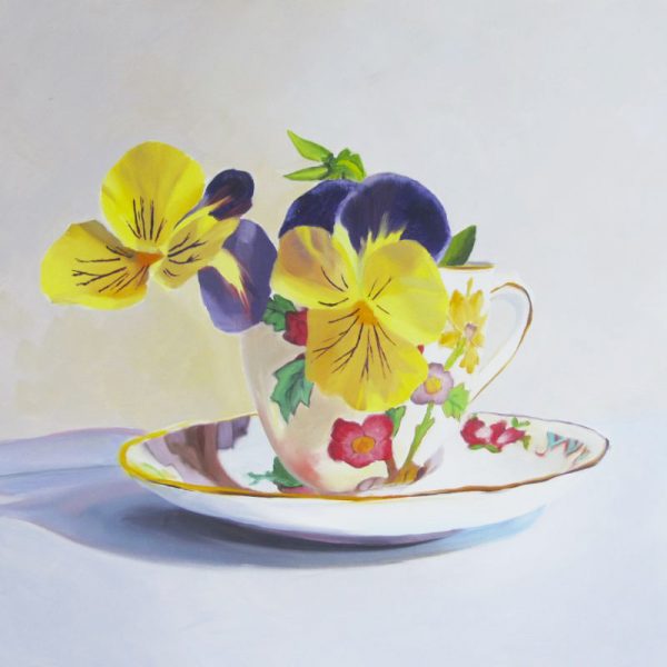 oil painting of yellow pansies in a china teacup