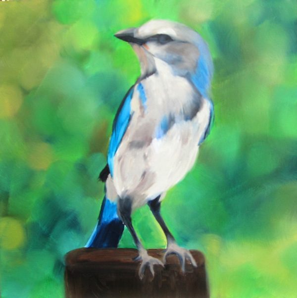 oil painting of a small bird, green and blue painting