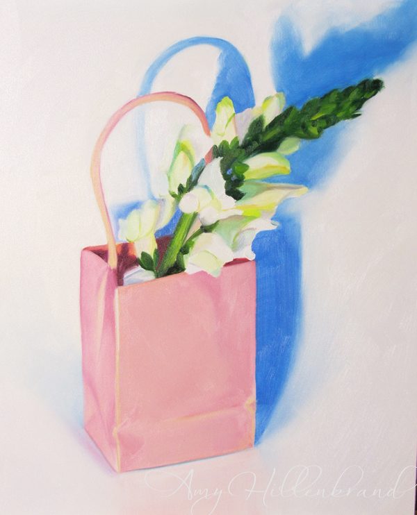 oil painting of snap dragon flowers in a paper bag