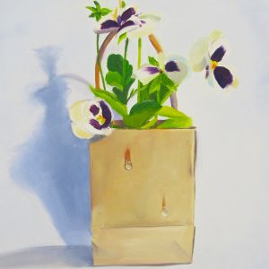 oil painting of purple pansies in a bag, oil painting of flowers, pansies