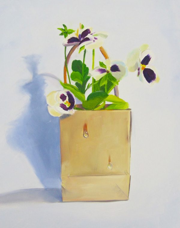 oil painting of purple pansies in a bag, oil painting of flowers, pansies