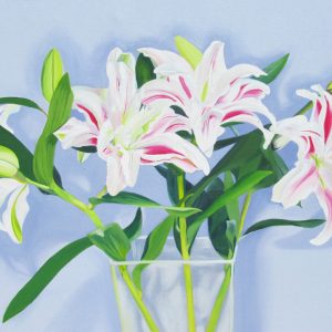 Oil Painting of White Lilies in a face on a lavender background, oil painting with white green and lavender