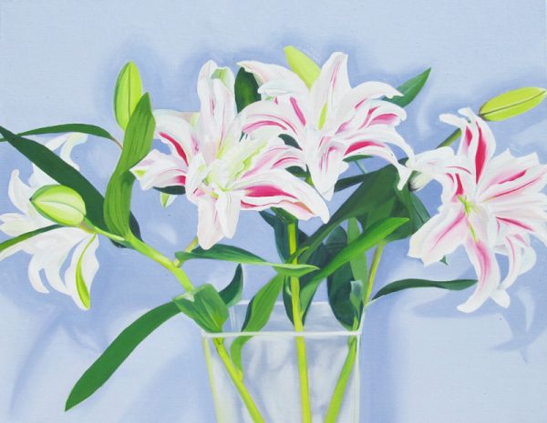 Oil Painting of White Lilies in a face on a lavender background, oil painting with white green and lavender