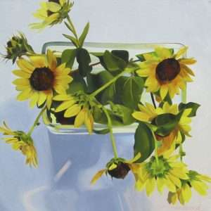 oil painting of sunflowers, yellow sunflowers in a vase with soft blue background