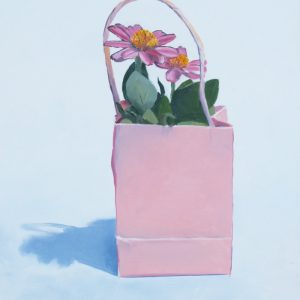 oil painting of a Zinnia in a pink paper bag, oil painting of a Zinnia flower
