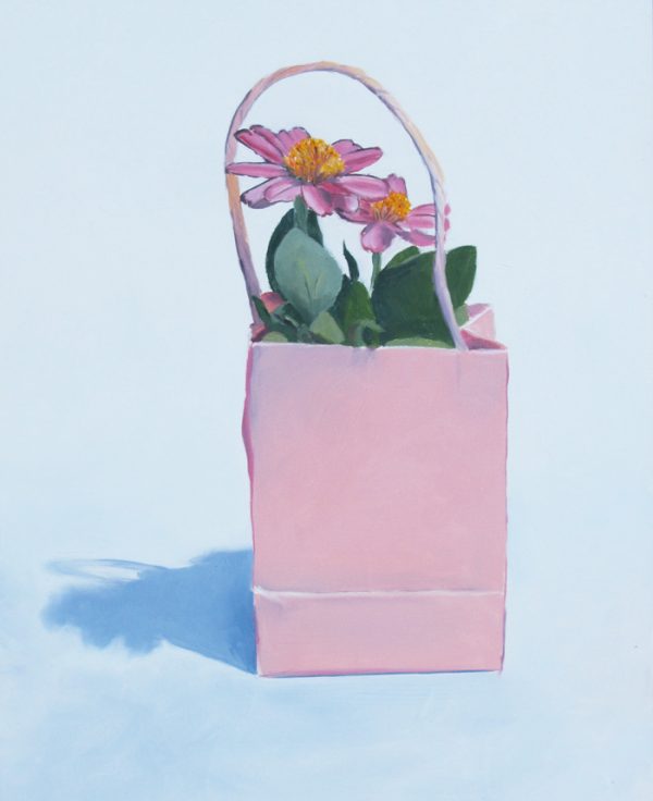 oil painting of a Zinnia in a pink paper bag, oil painting of a Zinnia flower