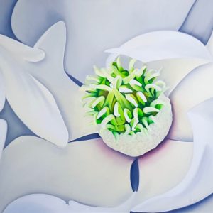 large floral painting of a magnolia flower using whites and greens