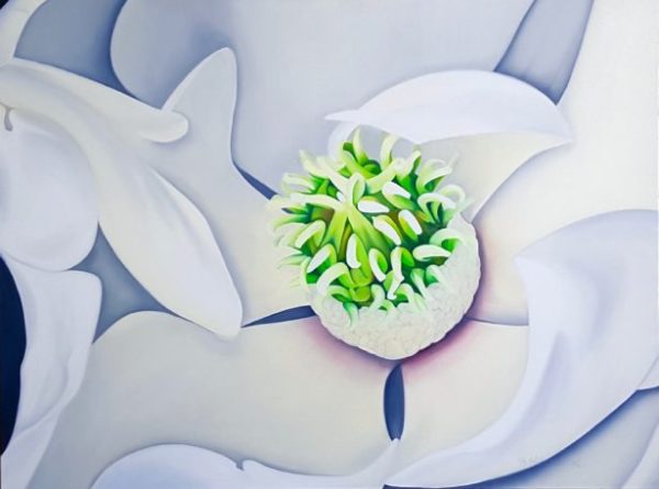 large floral painting of a magnolia flower using whites and greens