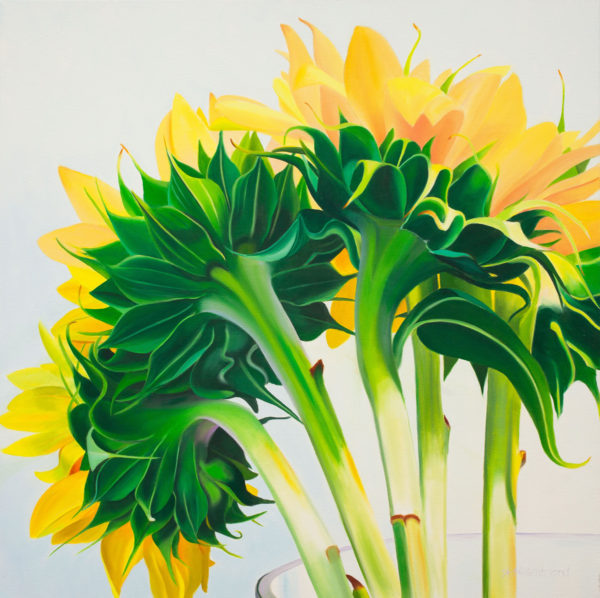 large painting of Sunflowers, yellow and green sunflower