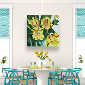 large oil painting of yellow tulips in a vase, yellow and green large floral painting