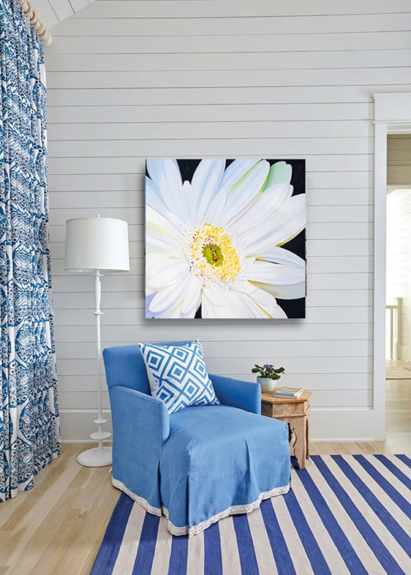 large oil painting of a Gerber daisy