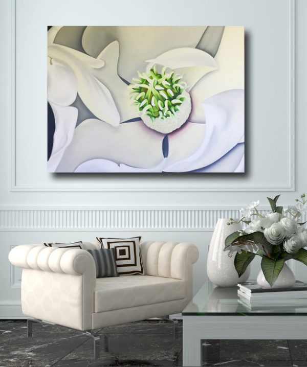 large oil painting of a white magnolia