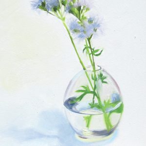 mini-painting of pinchusion flowers in a vase