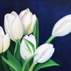 oil painting of white tulips on navy blue background, painting of flowers, white and blue painting