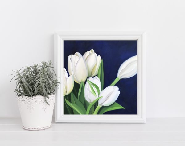painting of white tulip on a dark blue background