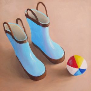 oil painting of blue rubber boots, oil painting for boys nursery