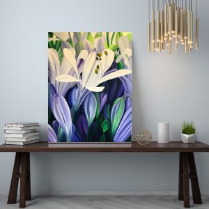 Large painting of a purple flowers with green and white