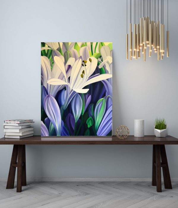 Large painting of a purple flowers with green and white