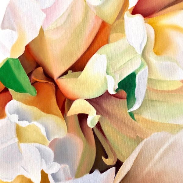 detail of large yellow rose painting titled The Other Side