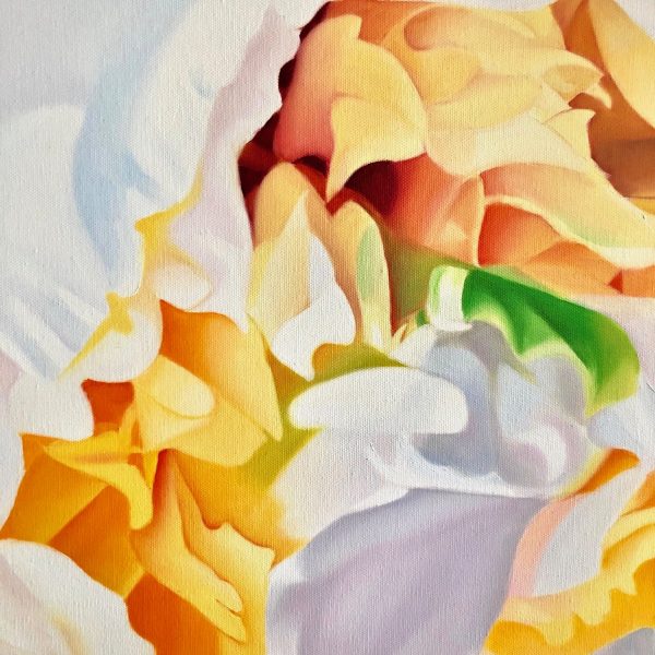 detail of large yellow rose painting titled The Other Side