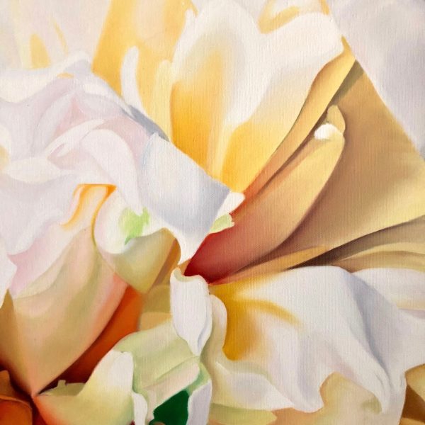 detail of large yellow rose painting titled The Other Side