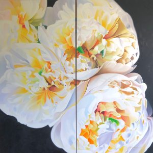 large diptych of yellow peonies
