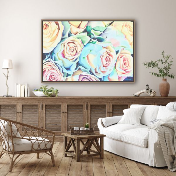 Large flower painting for over the fireplace in a living room, large yellow rose painting