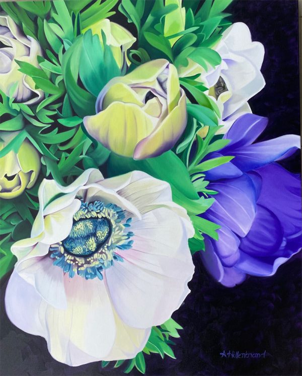 Oil Painting by Amy Hillenbrand white flowers and purple flowers with green leaves
