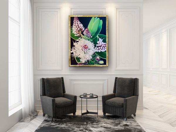 large colorful floral painting in a mock up setting
