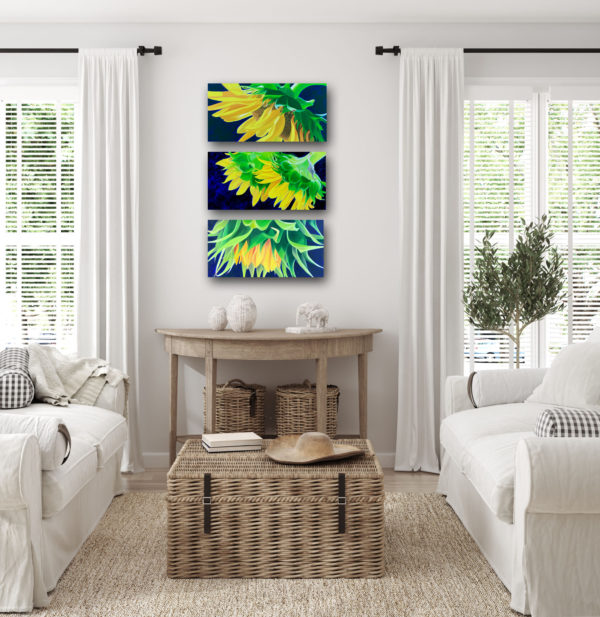 a collection of three oil paintings in yellow, green and blue sunflowers