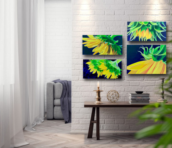 a collection of yellow, blue and green sunflower paintings