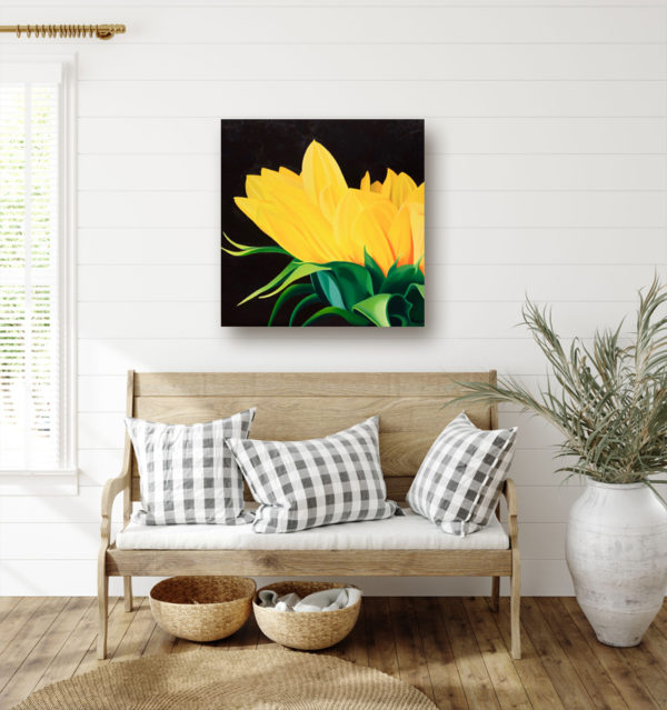 a bold colorful oil painting of a close-up of a yellow sunflower, sunflower painting for a foyer living room kitchen or bedroom